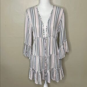 BLUE ISLAND Beach Striped Cover-Up Dress Boho Drawstring Waist Tiered Skirt Lg